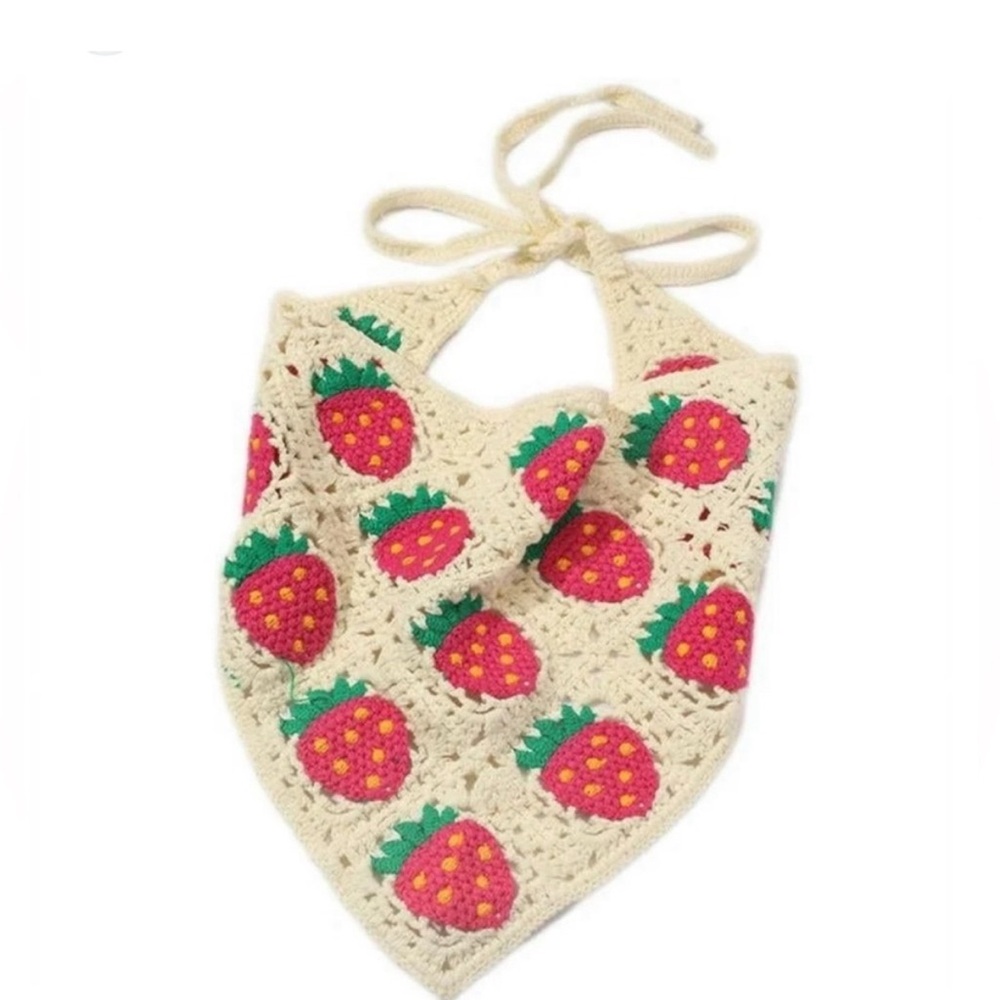 New🍓💖 Crochet strawberry Head Scarf Bandana Knit For Head Wrap